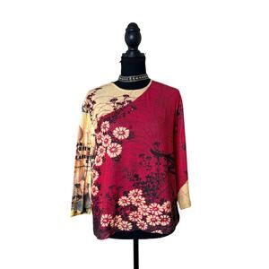 Euro Inspired Yukiko Cherry Blossom Graphic Knit Tee 3/4 Sleeve Y2K Art Top XL
